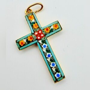 Vintage Italian Gold Tone Micro mosaic Cross Pendant